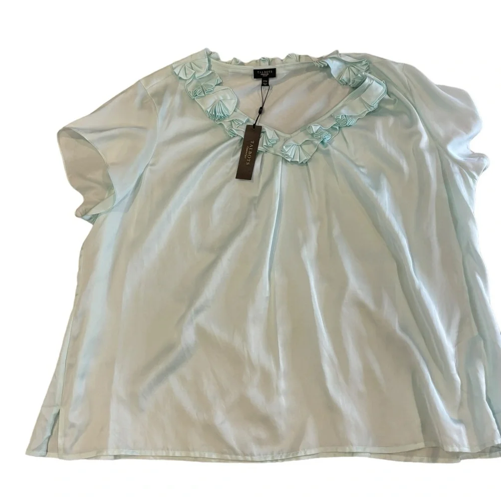 Talbots Women’s Light Aqua Blue Silk Blend‎ Ruffled Neck Blouse Size 24W (NWT) - Picture 2 of 8